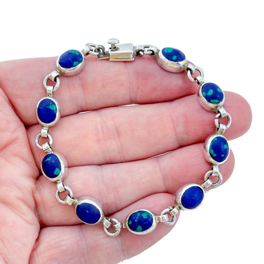 Vintage Sterling Silver 925 Azurite Link Bracelet 8"